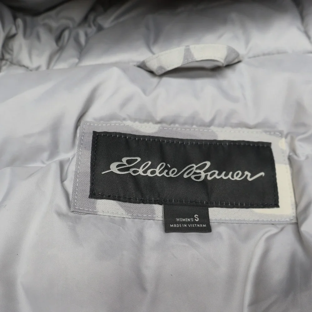 Eddie Bauer Down Jacket Womens Small White Camo Faux Fur Trim Insulated Parka